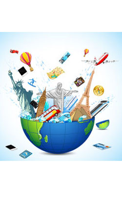 world globe exploding with famous torist travel destinations tor represent the 43rd modern anniversary theme