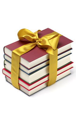 Pile of books with a gift bow around them to represent the 47th year anniversary theme