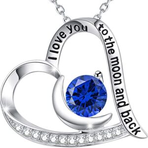 I Love You to the Moon and Back Heart Pendant Necklace for Wife Mom 925 Sterling Silver with Sapphire Gemstone