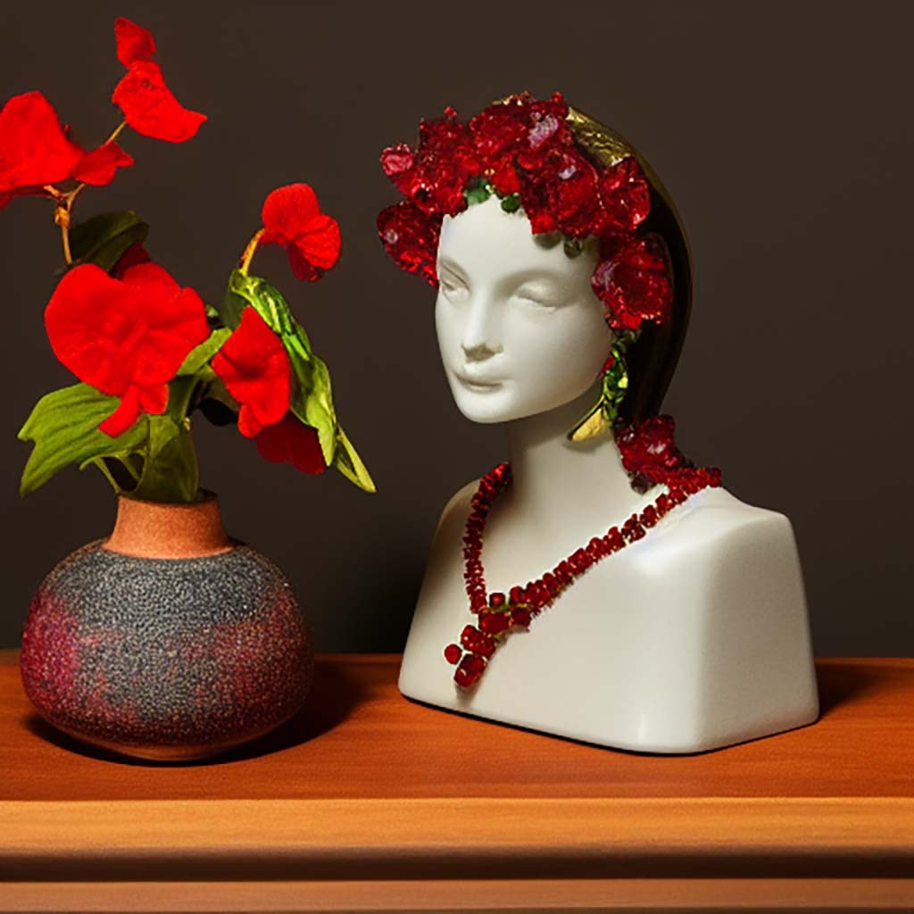 Ruby gemstone pendant jewellery on a mannequin next to a vase of Nasturtium flowers highly detailed