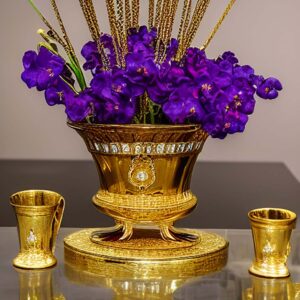 The finest quality 24k gold jewellery being displayed on a table with a vase full of Violets , highly-detailed