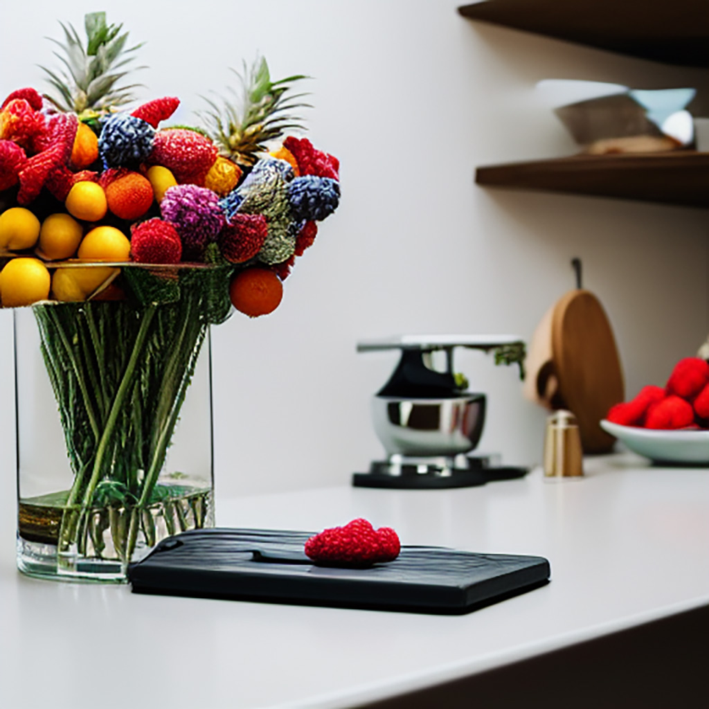 A Crystal glass bowl full of Fruit on a kitchen table. In the background, there are kitchen electrical appliances under a work surface with a shelf above that has a vase of fresh-cut flowers on it., cheerful, photorealistic