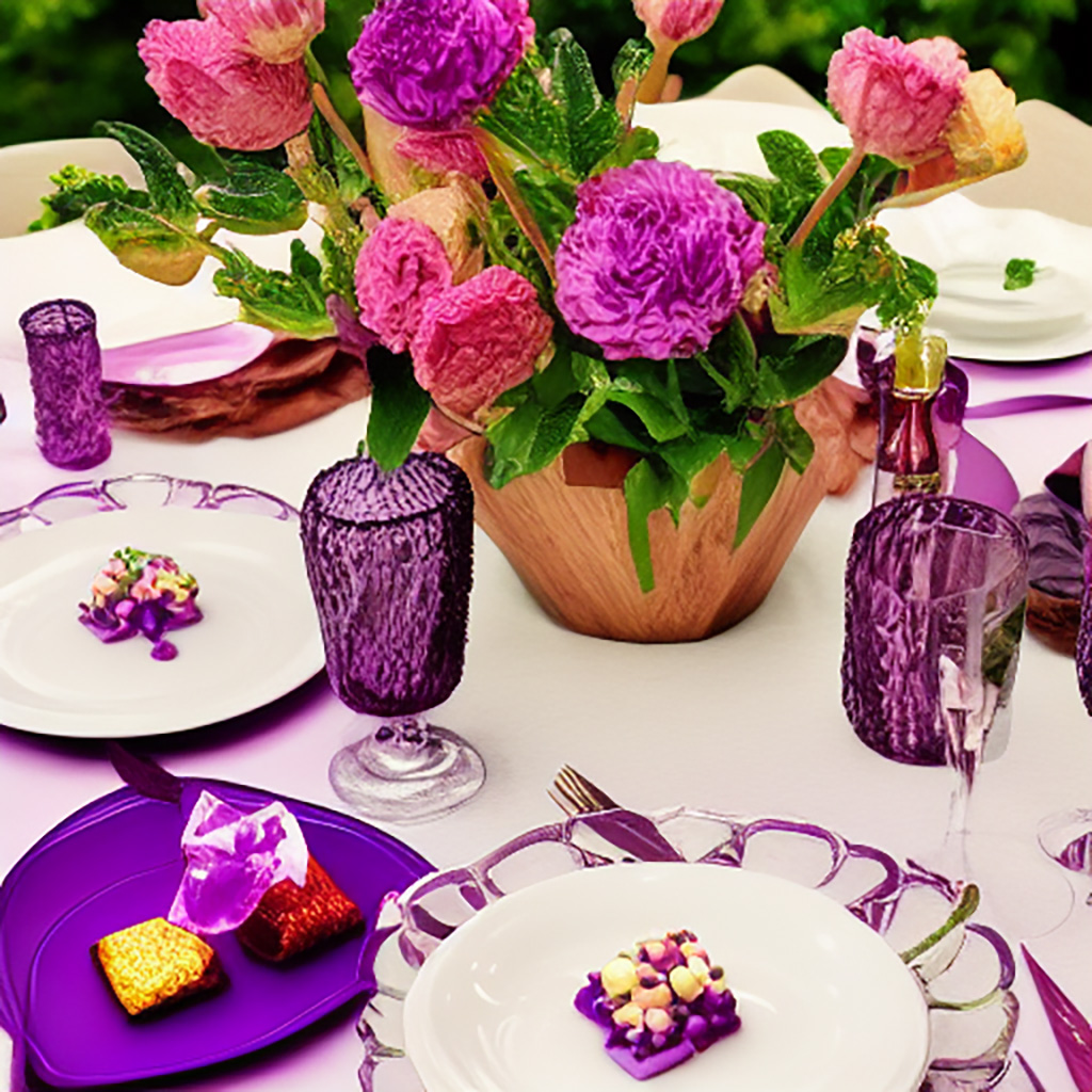 A romantic dinner for two with a theme of candy and amethyst, cheerful, photorealistic