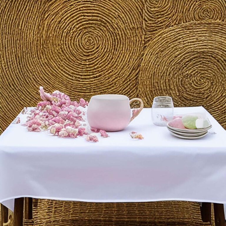 A Cotton Tablecloth on top of a Strawbale. On top of the tablecloth is a China Cup full of Rose Quartz gemstones, cheerful, realistic