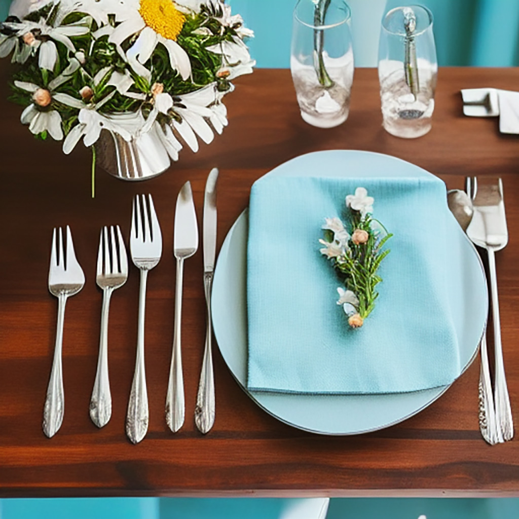 A wooden dinning table laid out with Silver flatware and placemats with turquoise daisies on them.