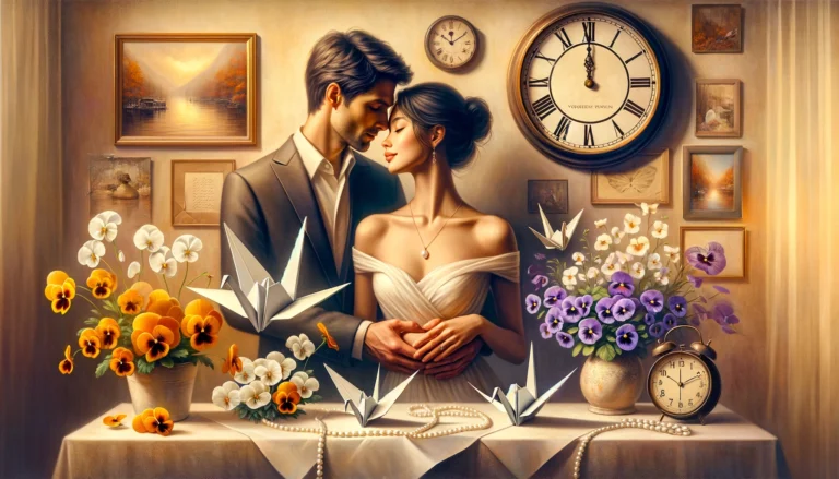 perfectly captures the essence and joy of this special milestone. In the center, a happy couple stands close together, sharing a tender look that speaks volumes about their first year anniversary. They are surrounded by symbols that represent traditional and modern first anniversary gifts. Computer Generated