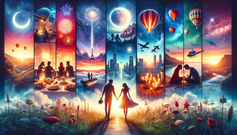 Bucket List date night ideas. A vibrant and dynamic illustration that captures the spirit of adventure and romance under a starlit sky. In the center, a couple stands hand in hand, gazing into each other's eyes, encapsulated in a silhouette against a backdrop of various date night scenes. Around them, a montage of epic date ideas unfolds: hot air ballooning with a breathtaking view of the sunset, a romantic candlelit dinner atop a high city building overlooking the skyline, stargazing with a cozy blanket in a secluded field, dancing under the stars on a beach, and a couple laughing together on a nighttime amusement park ride, with fireworks exploding in the sky above. The entire scene is framed by a soft, dreamy border that suggests these moments are both magical and within reach, encouraging viewers to dream big and add these experiences to their own relationship bucket list. Computer Generated