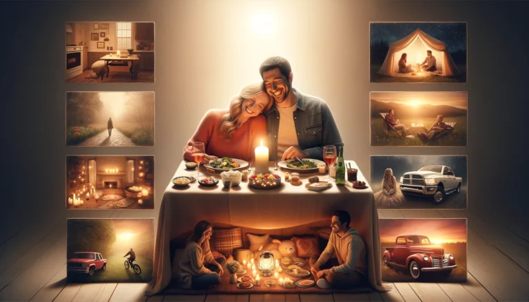 Budget-Friendly Date Night Ideas. a cozy and inviting illustration that radiates warmth and creativity, symbolizing affordable yet romantic date night options. In the center, a happy couple is depicted enjoying a homemade candlelit dinner at a modestly set table, complete with a small vase of flowers and a warm, soft light casting a glow over their smiling faces, emphasizing the intimacy of the moment without the need for extravagance. Surrounding this central scene are smaller vignettes that showcase other budget-friendly date ideas: playing a board game by a fireplace, having a picnic in a living room fort made of blankets, watching a movie on a laptop with homemade popcorn, stargazing from the bed of a pickup truck or a simple backyard setup with cozy blankets and pillows, and taking a leisurely bike ride through a scenic park at sunset. The background fades into a soft, dreamy hue, suggesting that these simple yet meaningful experiences are within reach for couples looking to enjoy each other's company without spending a lot of money. Computer Generated