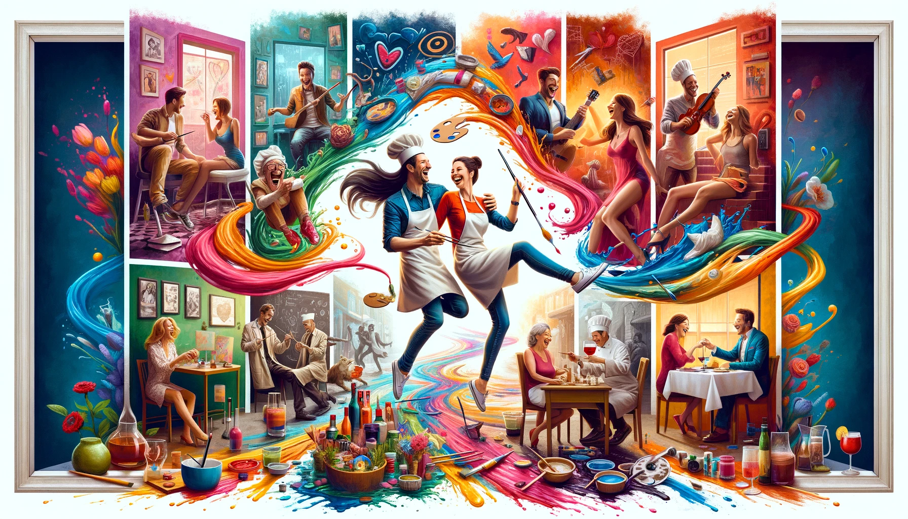 ten creative date night ideas, an imaginative and colorful collage that showcases a spectrum of artistic and creative date night experiences. At the heart of the image, a joyful couple is depicted engaging in various activities, each framed by its own vibrant vignette. One scene shows them with aprons on, laughing together as they splash paint on a shared canvas, symbolizing a fun painting class. Another vignette captures them in a close embrace, moving gracefully to music in a dance lesson, surrounded by soft lighting that enhances the romantic atmosphere. A third scene illustrates them wearing chef hats, playfully cooking together in a kitchen setup, indicating a cooking lesson. To add a touch of mystery and intrigue, another part of the image portrays the couple dressed in costume, examining clues with magnifying glasses at a murder mystery evening. Lastly, a snippet of them sitting side by side, clutching their sides in laughter at a comedy night, rounds out the montage.