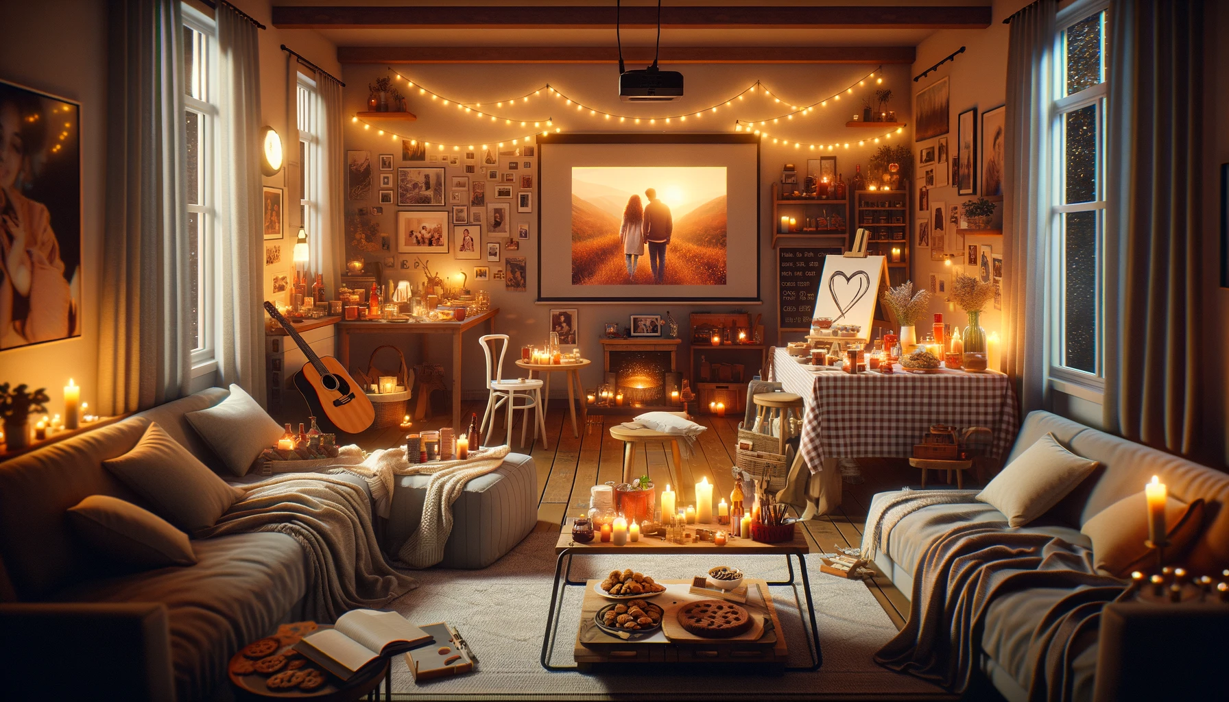 home-based date night ideas, beautifully illustrate a cozy and inviting living room scene, showcasing a variety of home-based date night ideas. Each element of the scene is designed to capture the essence of the suggested activities, from a movie night under the stars and a culinary challenge to a DIY project night, an indoor picnic by candlelight, and more. This engaging and warm image is perfect for setting the tone of your blog, "Home-Based Date Night Ideas," inviting readers to explore the depth of connection and fun that can be found in planning and enjoying date nights at home.