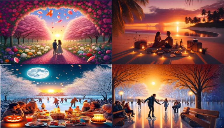 seasonal date night ideas. a harmonious and captivating collage that beautifully illustrates four distinct date night scenes, each representing a different season, seamlessly merging into one cohesive image. In the top left, spring is brought to life with a scene of a couple walking hand in hand through a blooming flower garden, with petals fluttering around them, symbolizing renewal and growth. The top right corner transitions into summer, depicting the same couple enjoying a beach sunset, sitting close together on the sand with a picnic basket beside them, reflecting warmth and relaxation. The bottom right corner showcases autumn, where the couple is seen cozying up with warm drinks, watching the leaves change color in a scenic park, encapsulating the essence of comfort and change. Finally, the bottom left transitions into winter, with the couple playfully ice skating together in an outdoor rink adorned with twinkling lights, capturing the joy and wonder of the season. Each scene is bordered by elements that evoke the specific season—spring flowers, summer sun, autumn leaves, and winter snowflakes—tying the whole image together into a visual journey through the year, suggesting that every season offers unique and memorable opportunities for love and connection.